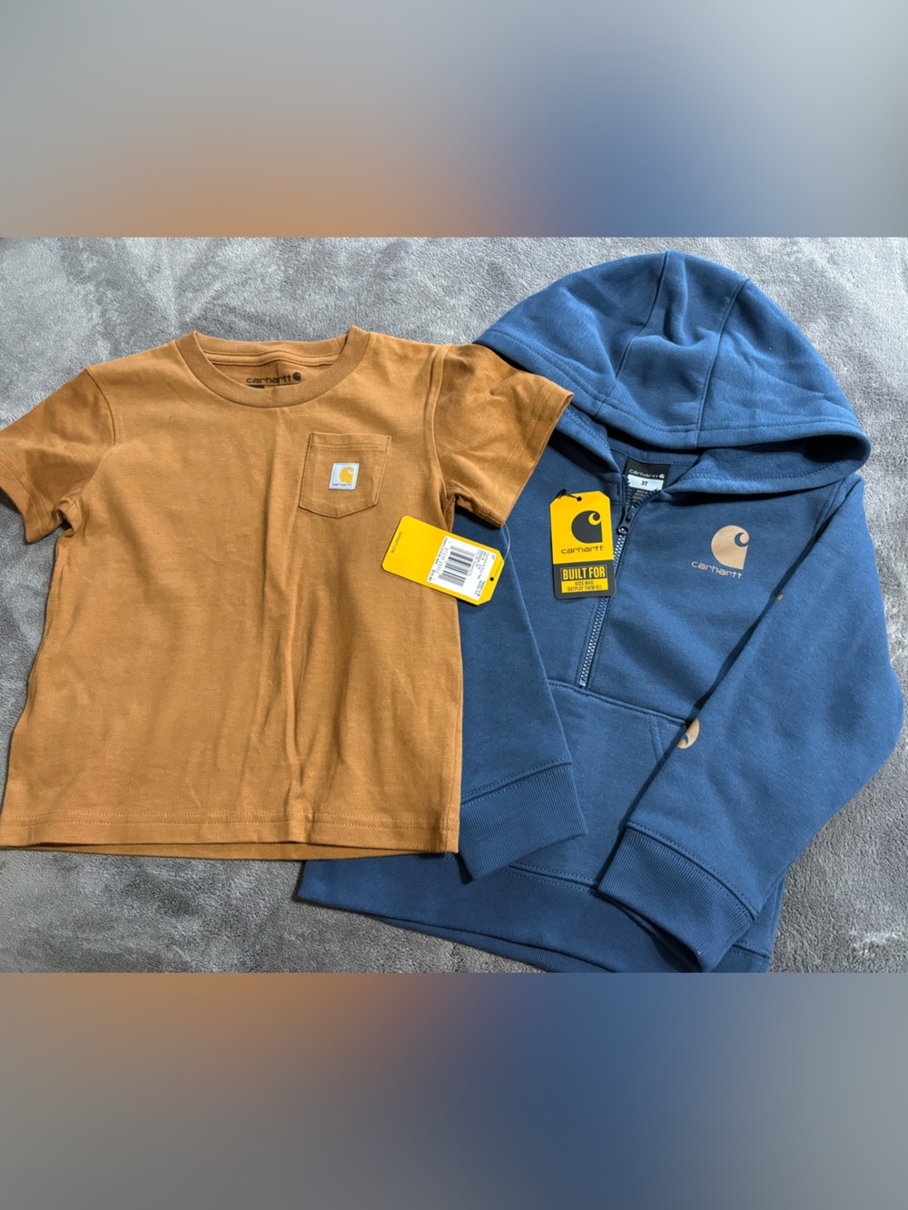 Carhartt Kids Brown Pocket Tee with Blue Hooded Pullover